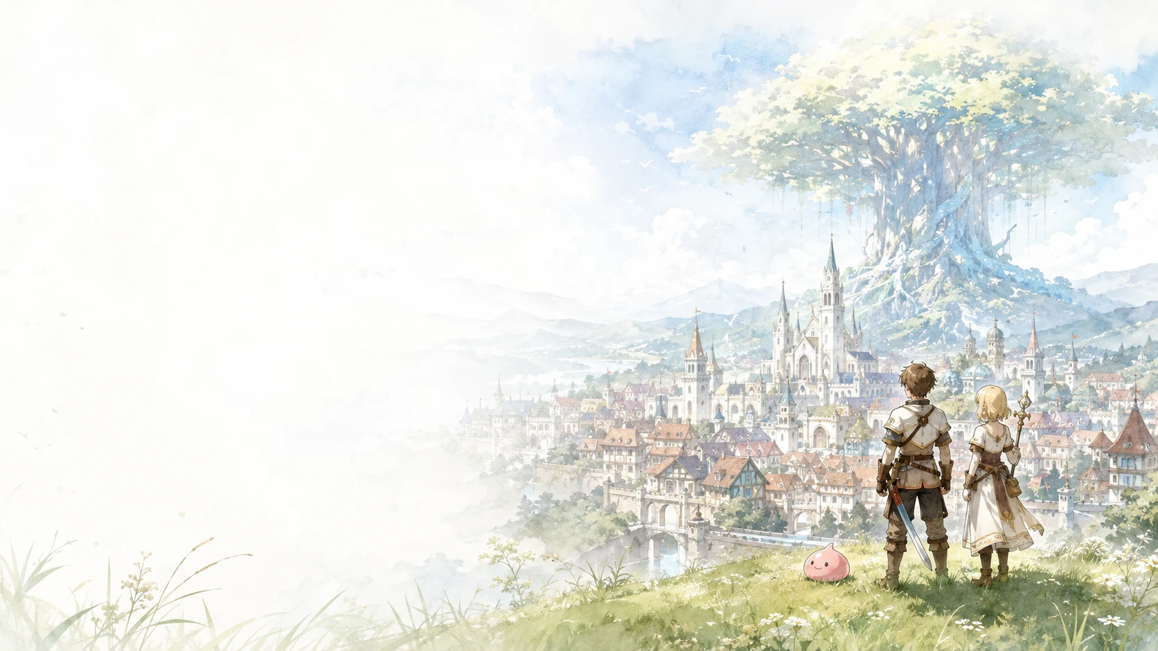 Two novice adventurers and a small pink companion look out over a sunlit fantasy town beneath a towering world tree.